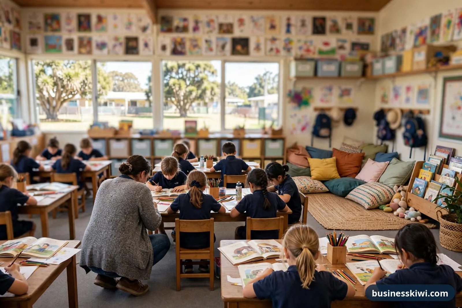 Illustration of a junior primary classroom, with children reading and writing at group tables, seen from behind