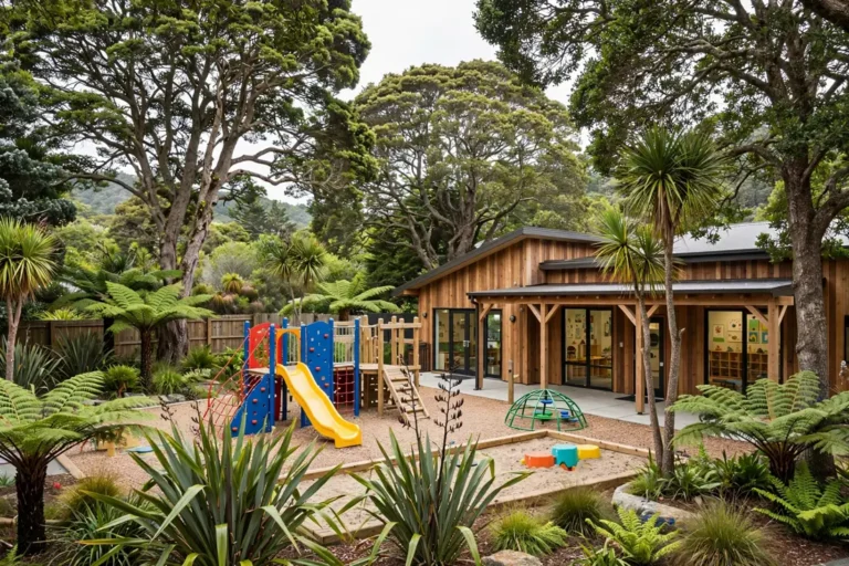 A New Zealand kindergarten building with a playground among mature trees