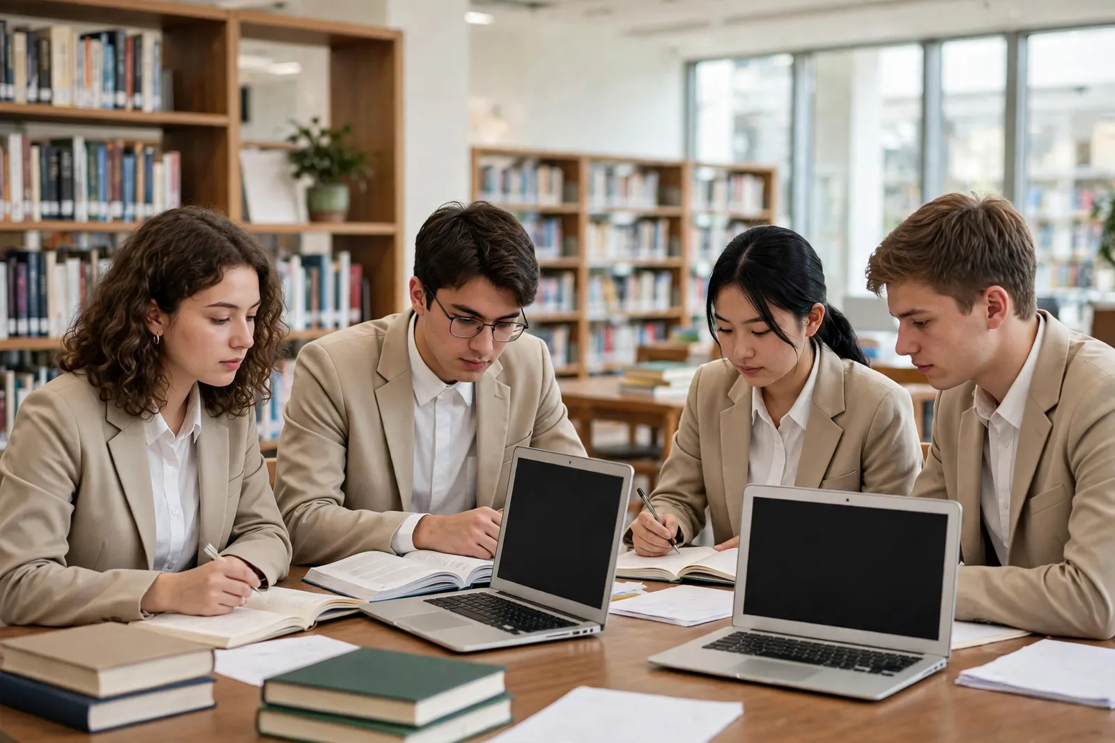 Senior students studying together in a school library