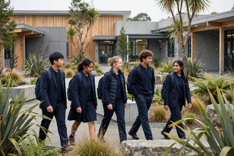 Students in uniform walking across a school courtyard in the morning