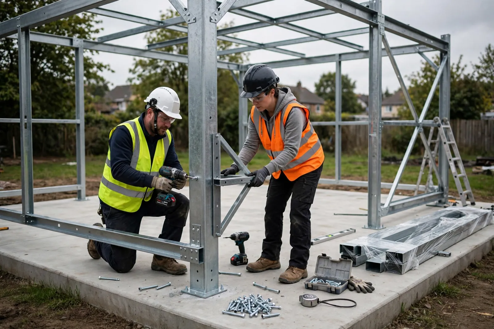 A steel kitset garage frame being assembled