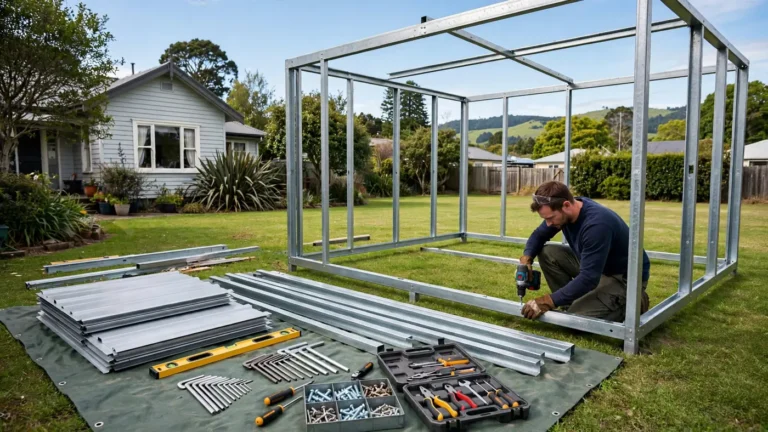 Man assembling the steel frame of a kitset shed in a New Zealand backyard
