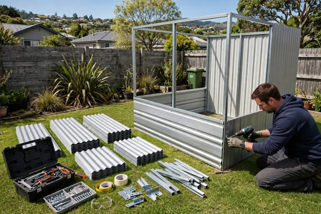 A homeowner assembling a kitset steel shed in his backyard