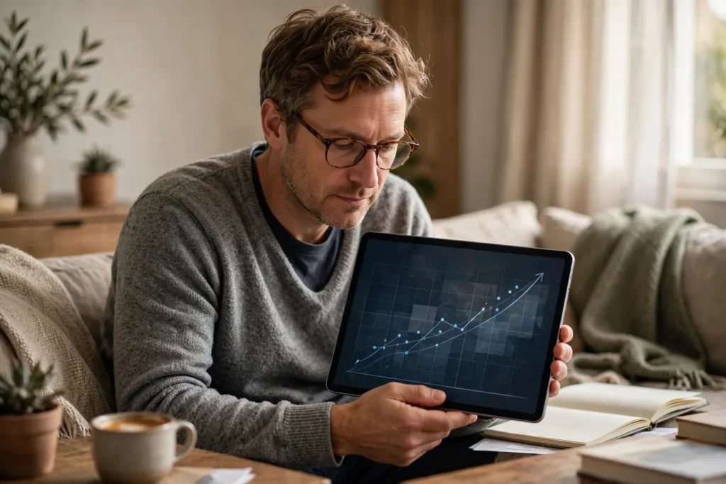 A man checking his KiwiSaver fund growth on a tablet
