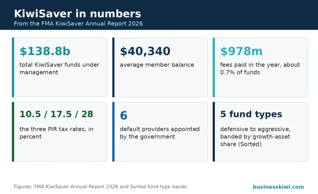 KiwiSaver statistics grid: $138.8 billion under management, $40,340 average balance, $978 million in fees, PIR rates, six default providers, five fund types