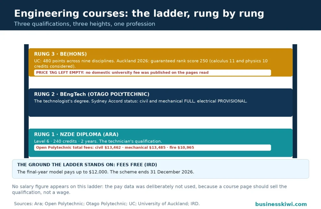 Qualification ladder for engineering courses: the NZDE diploma at the base at Level 6 with 240 credits over two years and the Open Polytechnic total fees of $13,462 civil, $13,485 mechanical and $10,965 fire on that rung only, the BEngTech in the middle with its Sydney Accord status, and the BE(Hons) at the top with 480 points and Auckland's rank score 250, its price tag left empty because no domestic university fee was published on the pages read, over a Fees Free ground line of up to $12,000 ending 31 December 2026