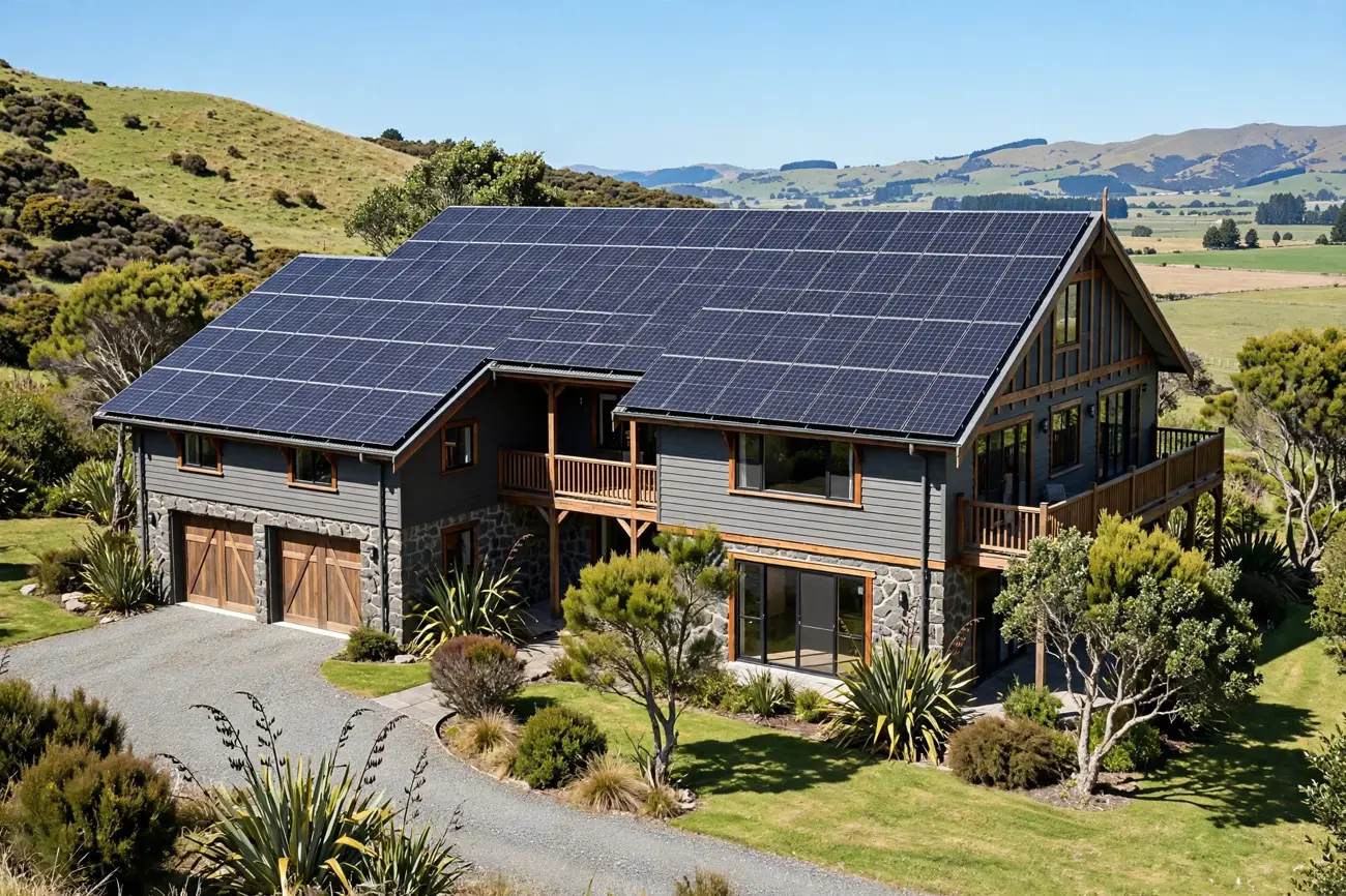 A large home with a 10kW rooftop solar panel array