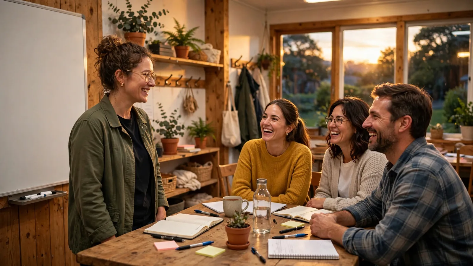 Teacher and adult students laughing during an evening Spanish class in New Zealand
