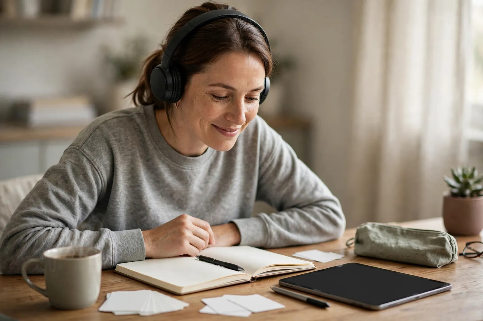 A learner wearing headphones practising Spanish at a desk with a notebook and flashcards