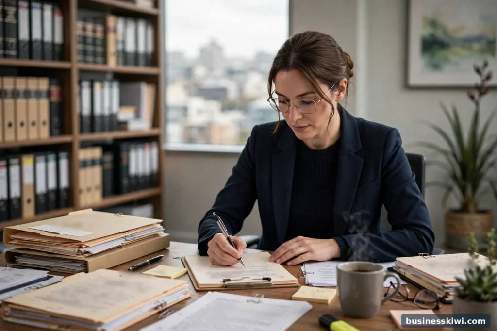 A legal executive working at a desk with case files