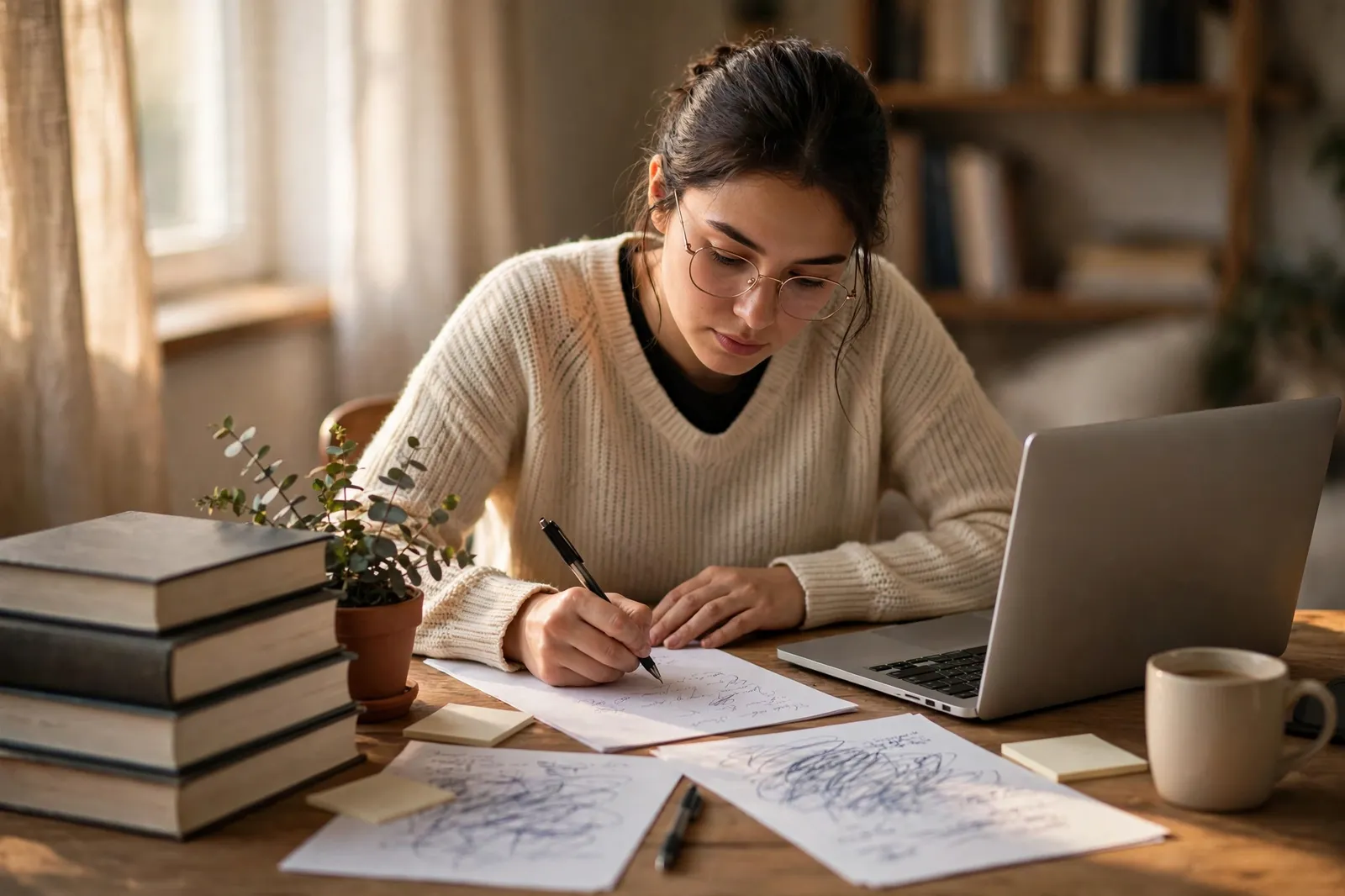 A student studying legal executive course material at a desk with textbooks and a laptop