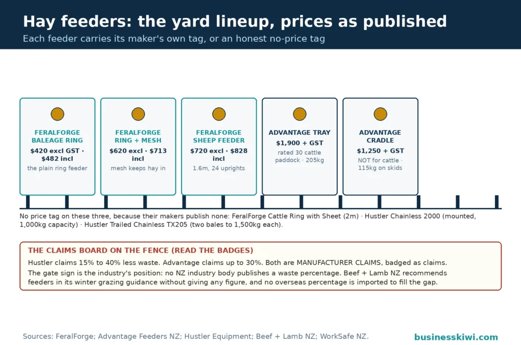 Feeder lineup yard: five hay feeders along a fence line each carrying its maker's own price tag, the FeralForge baleage ring at $420 excluding GST, the ring with mesh at $620, the sheep feeder at $720, the Advantage tray at $1,900 plus GST and the Advantage cradle at $1,250 plus GST, with three more feeders carrying no price tag because their makers publish none, and a claims board badging the manufacturers' waste claims as claims only
