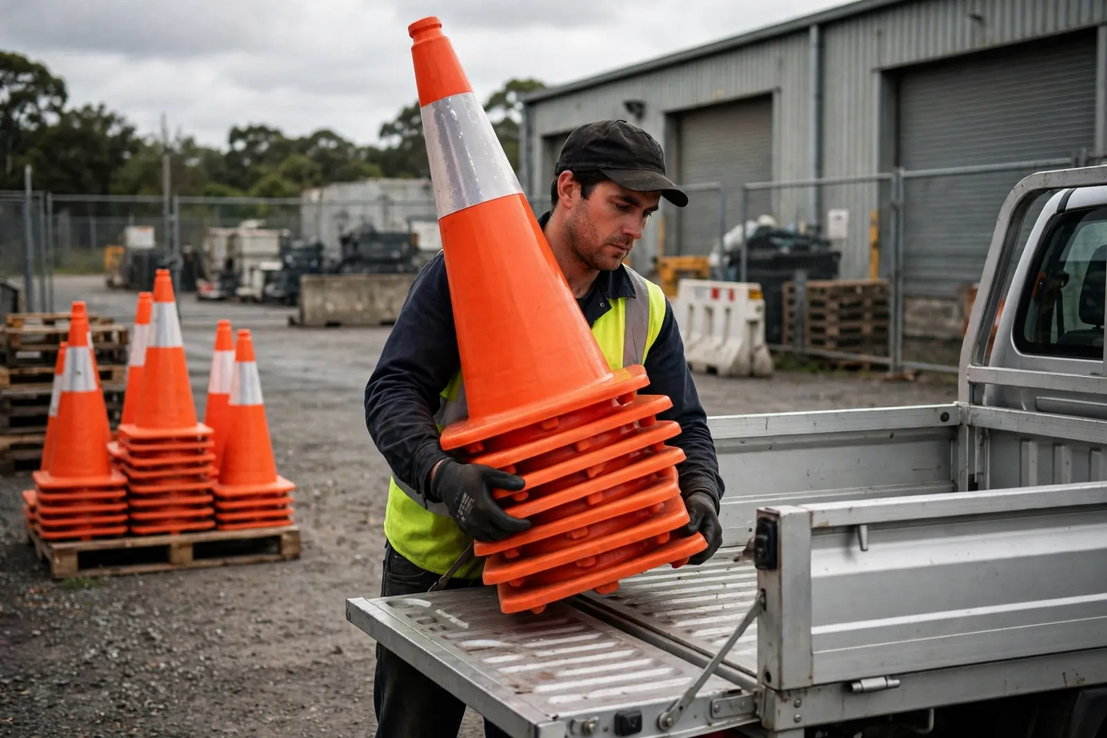 A worker loading a stack of orange road cones onto a ute at a depot