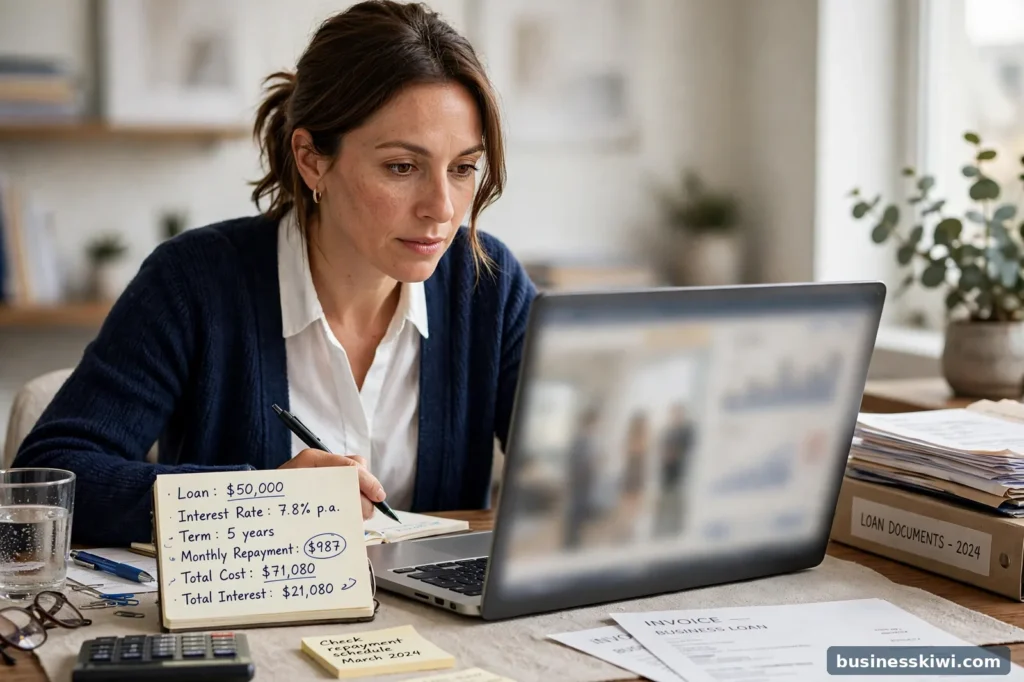 A business owner checking loan figures on a laptop