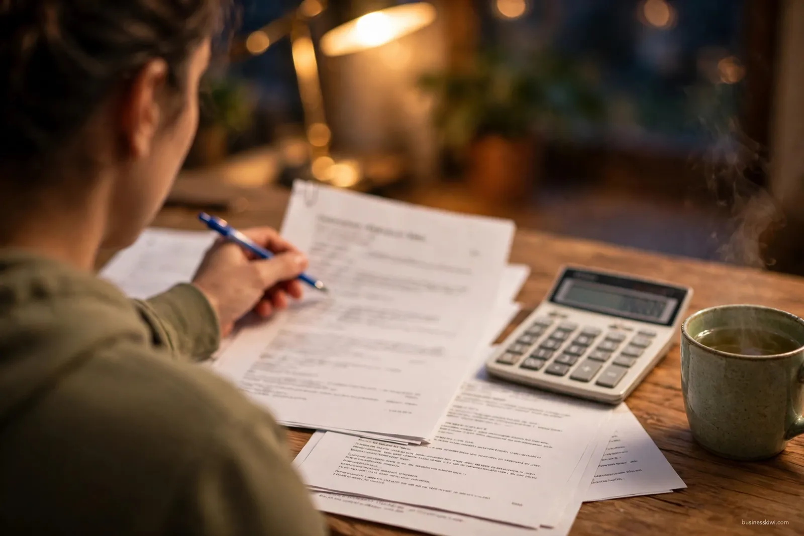 Reading loan paperwork at a desk