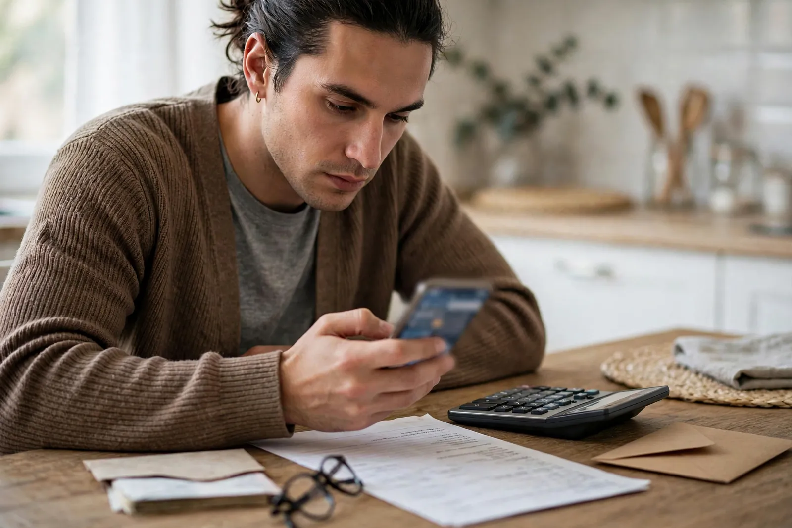 A man checking loan terms on his phone with his bills