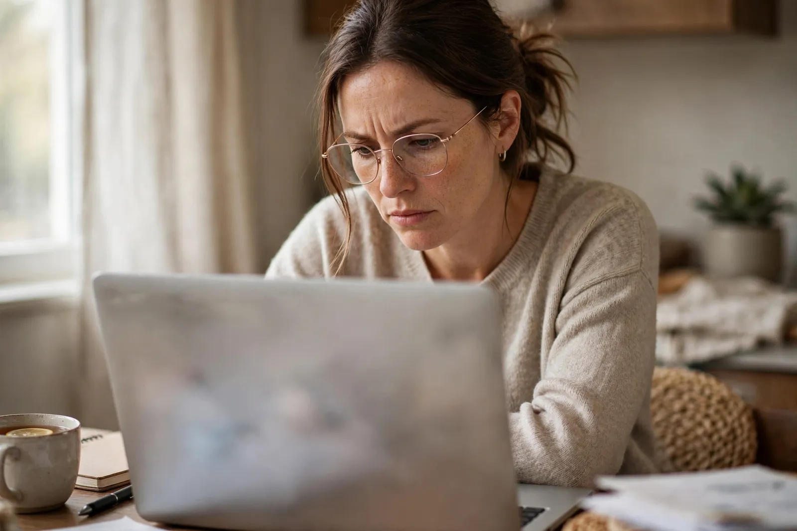 A woman carefully reading loan terms on a laptop