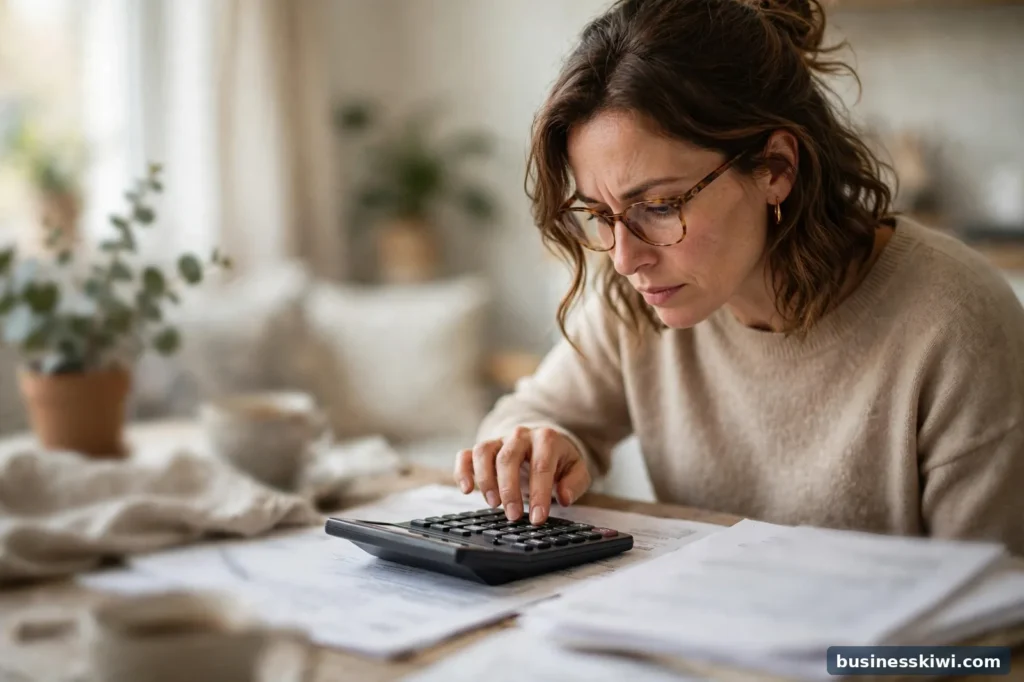 A person checking loan terms with a calculator