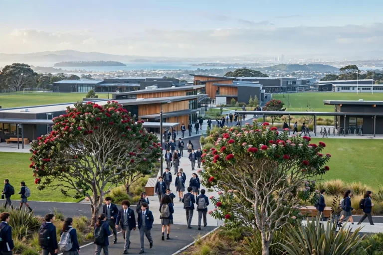 Students in uniform walking through a New Zealand secondary school campus with pohutukawa trees and playing fields