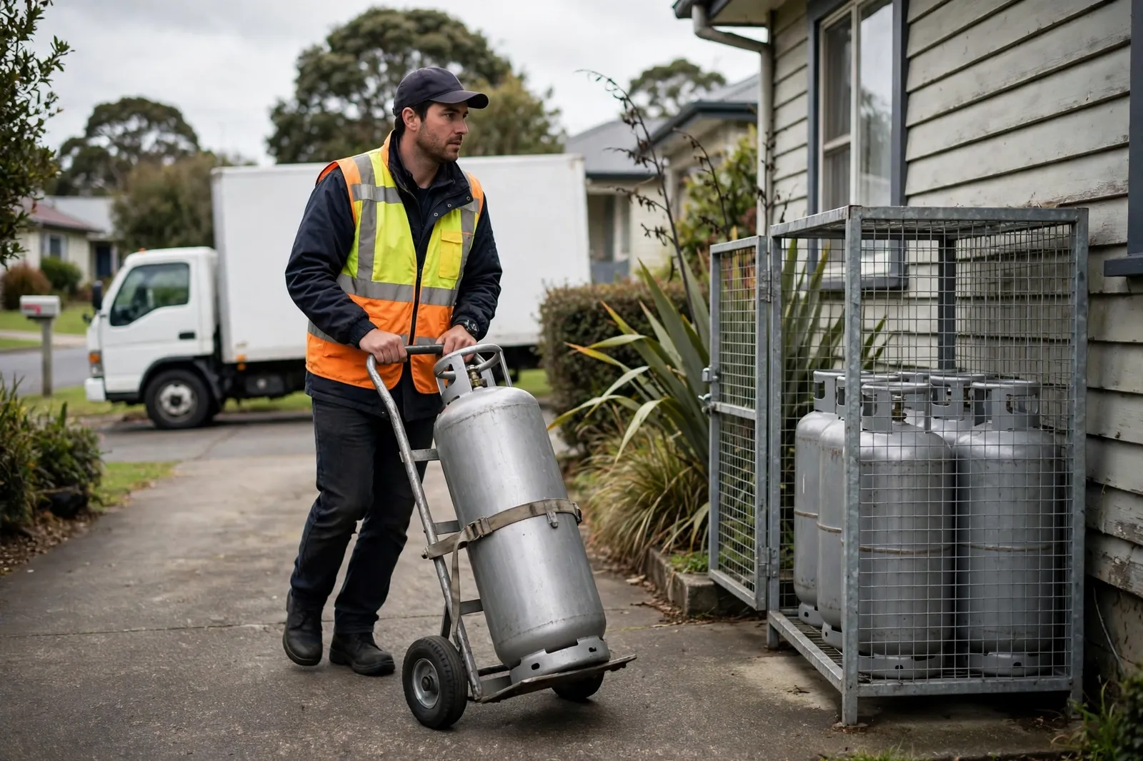 A delivery driver wheeling a replacement LPG bottle to a home bottle station