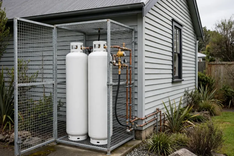 Two LPG bottles in an outdoor bottle station beside a New Zealand home