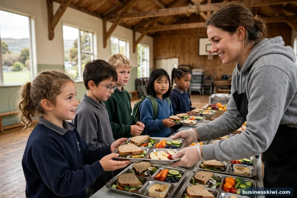 Children receiving school lunches on trays
