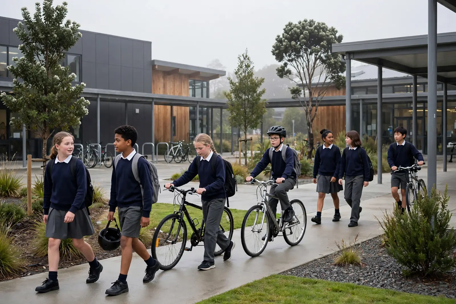 Year 7 and 8 students arriving at school in the morning, some with bicycles