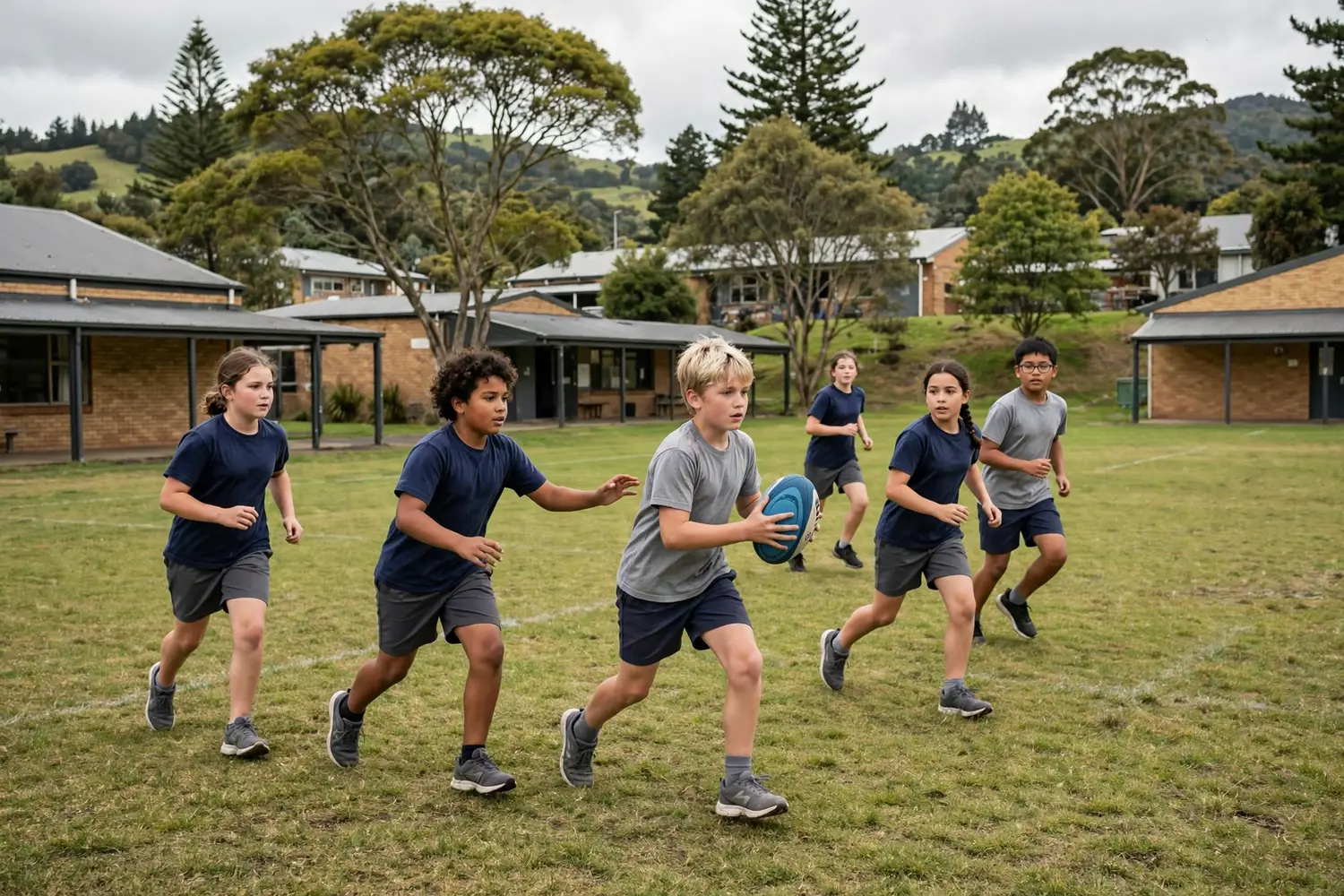 Students playing touch rugby on a school sports field