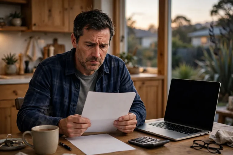 A worried man reading a tax letter at his kitchen table with a laptop and calculator