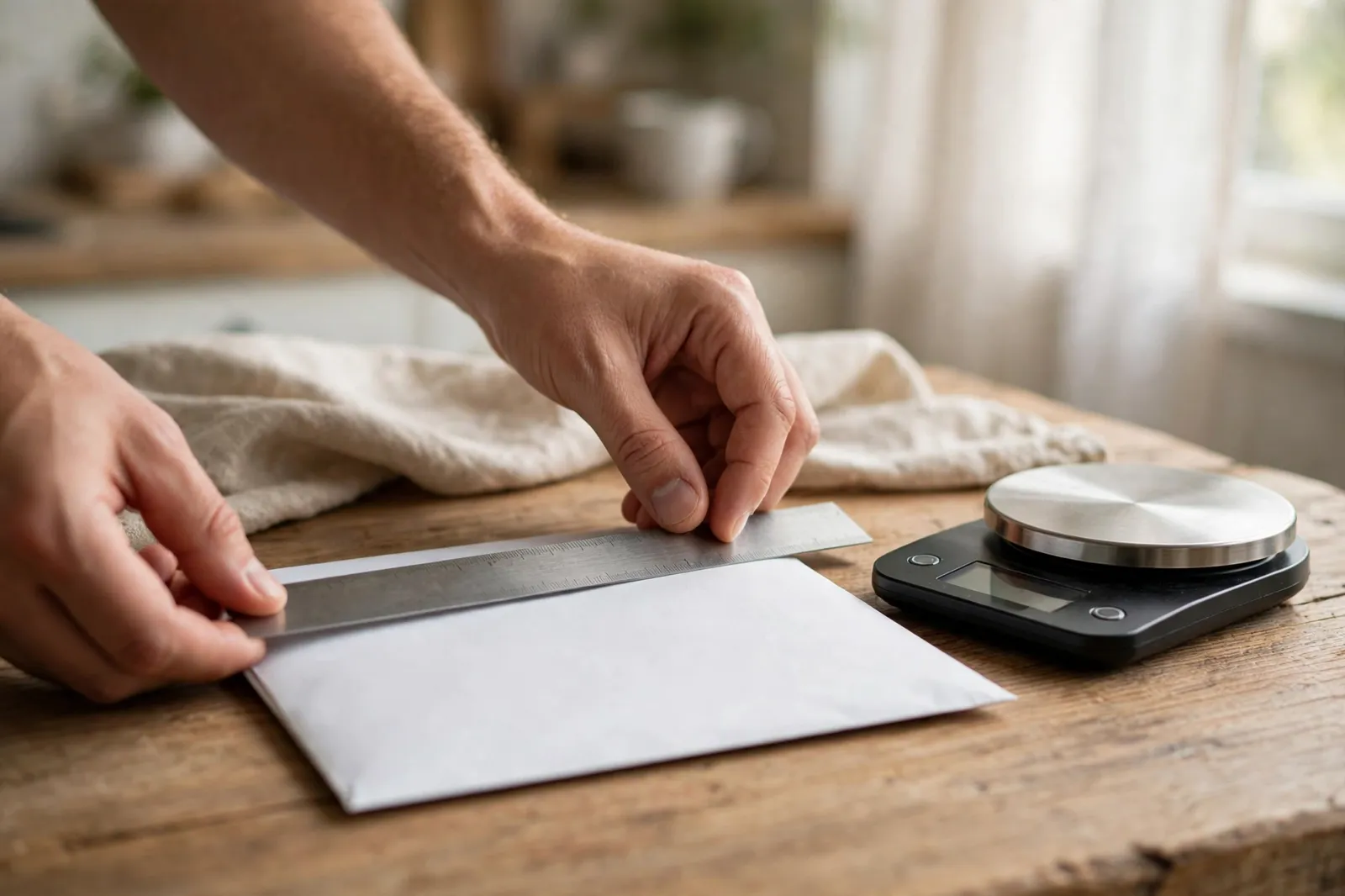 Measuring a sealed envelope with a ruler and weighing it on kitchen scales