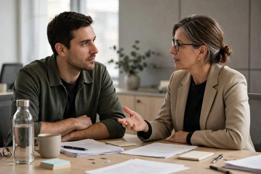 An employee and a mediator discussing a personal grievance at a meeting table