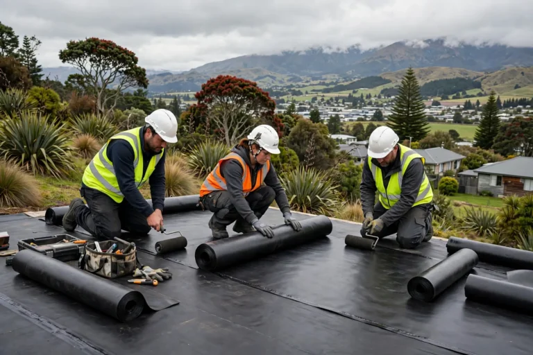 Workers installing a sheet membrane on a low slope roof
