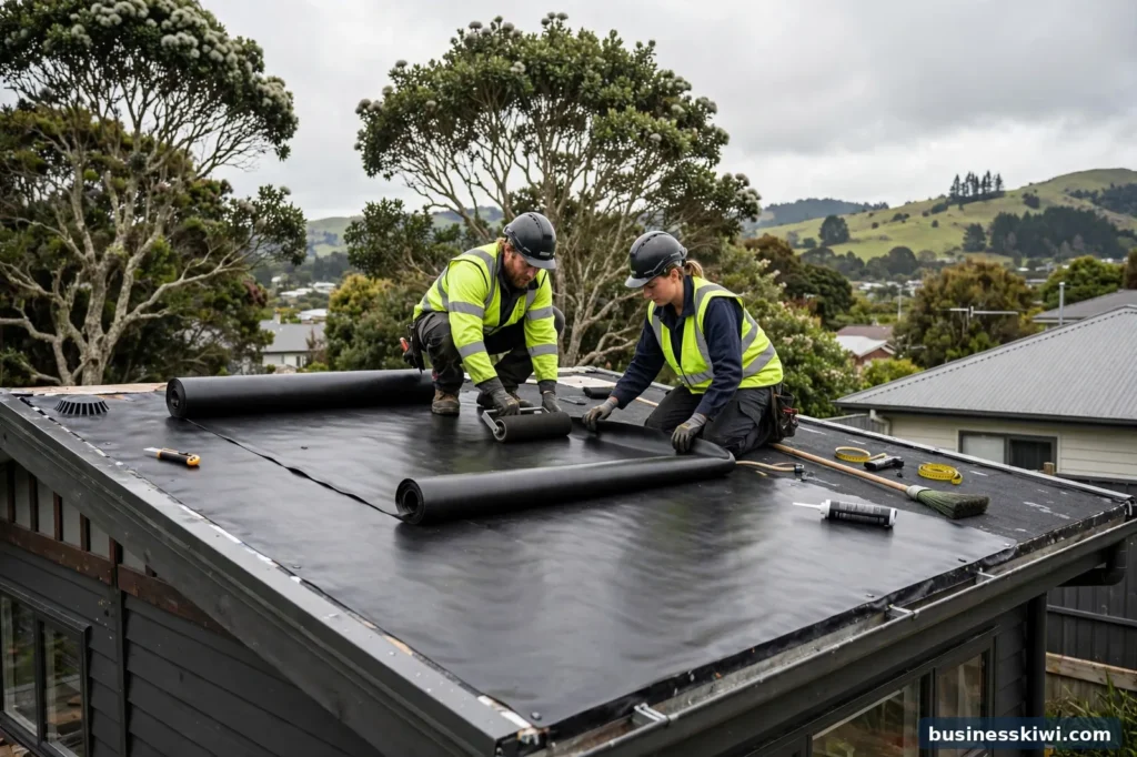 Workers installing a sheet membrane on a low slope roof
