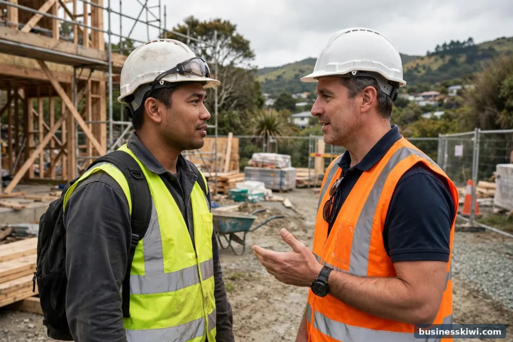 A migrant worker talking with their employer at a work site