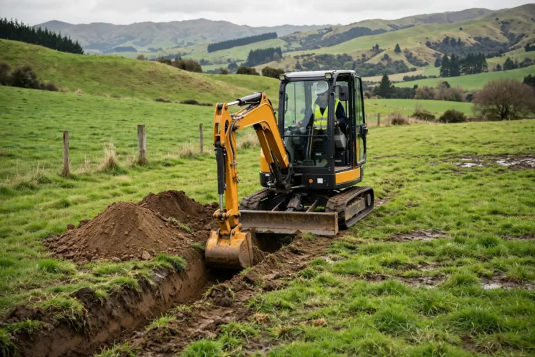 A mini excavator digging a drainage trench on a farm