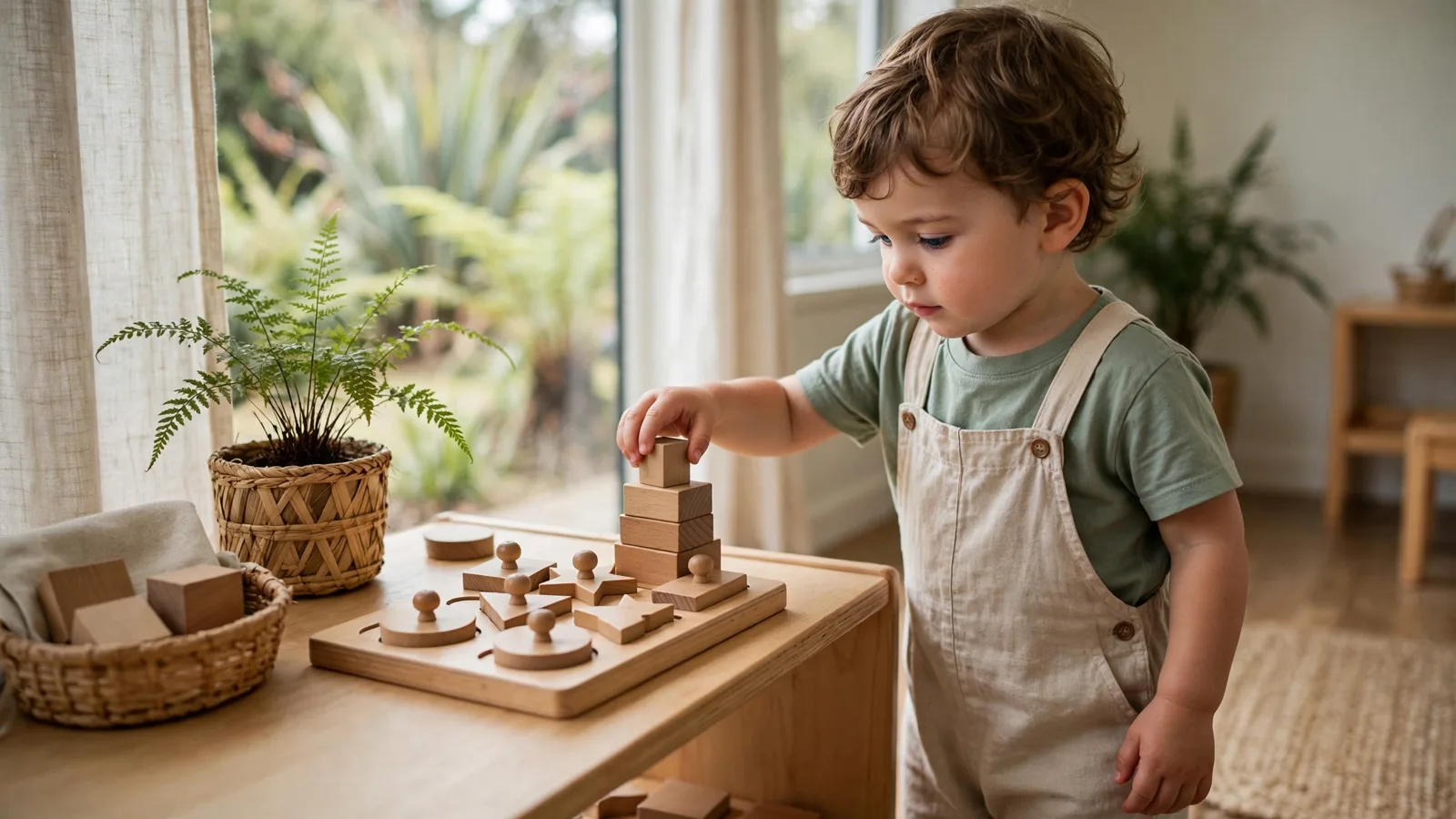 Toddler stacking wooden blocks beside a knobbed puzzle on a low shelf in a calm early learning centre