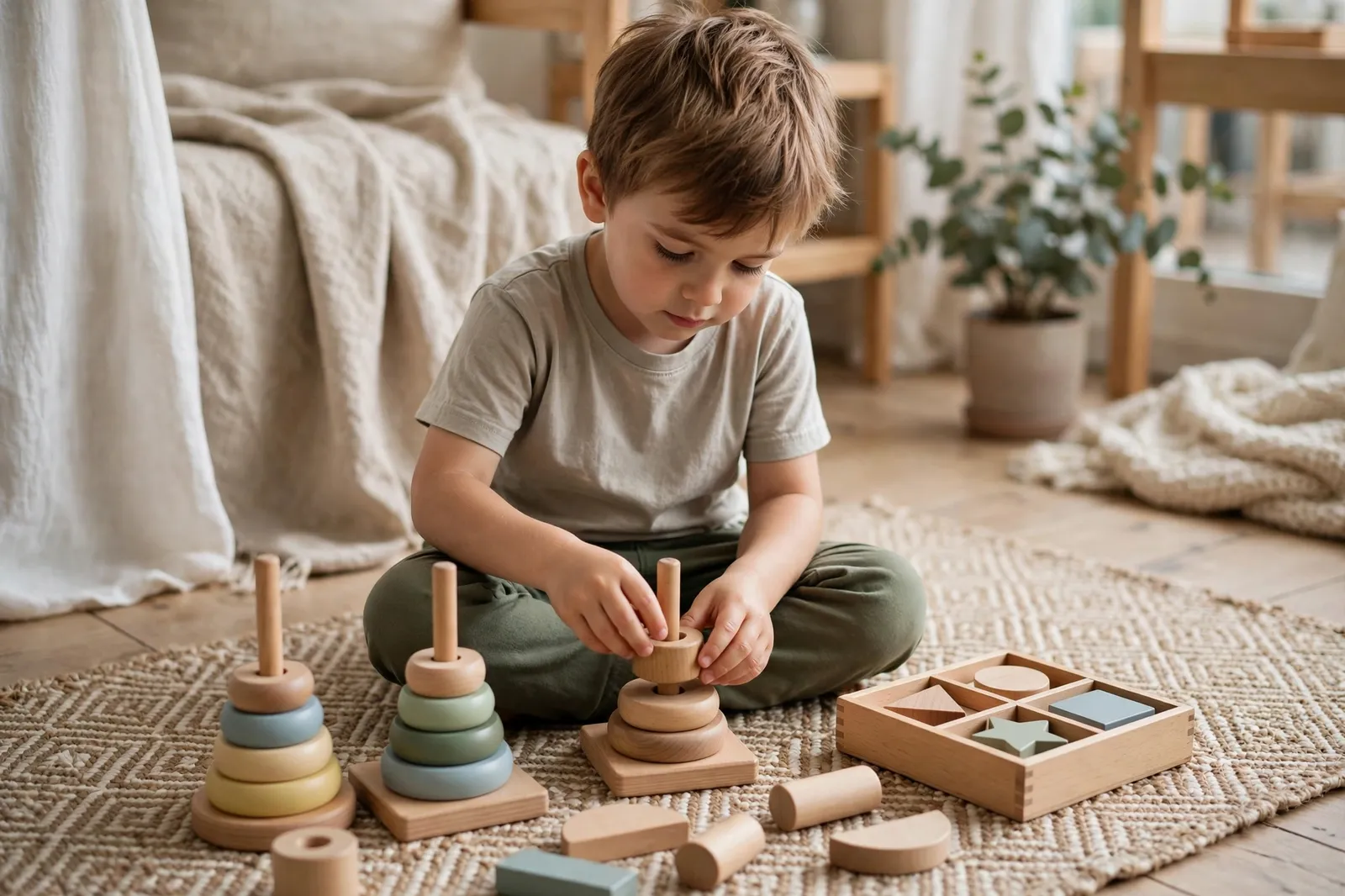 A child playing with wooden Montessori stacking toys