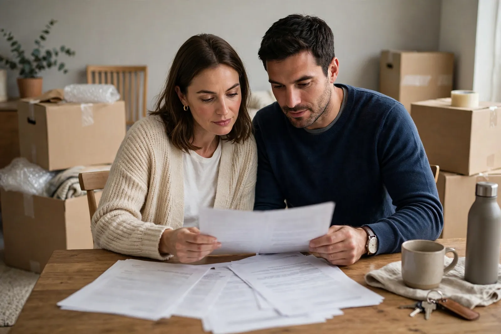 A couple reading their mortgage offer documents in their new home