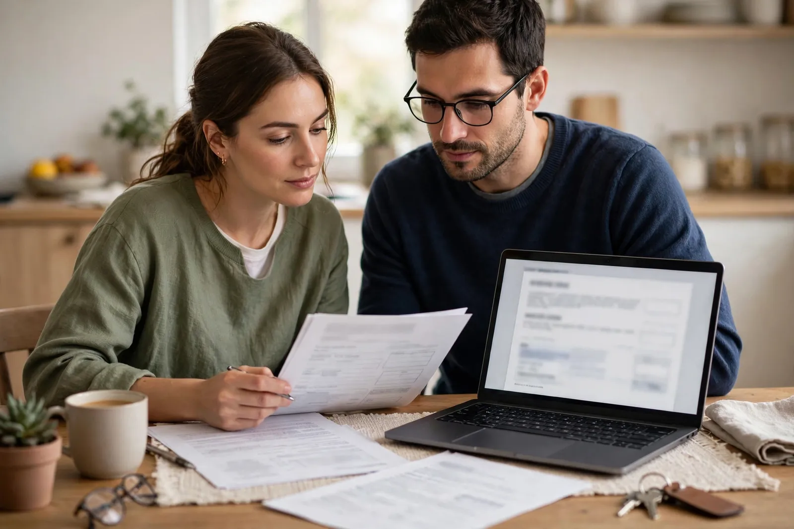 A couple reviewing mortgage protection insurance documents at their kitchen table