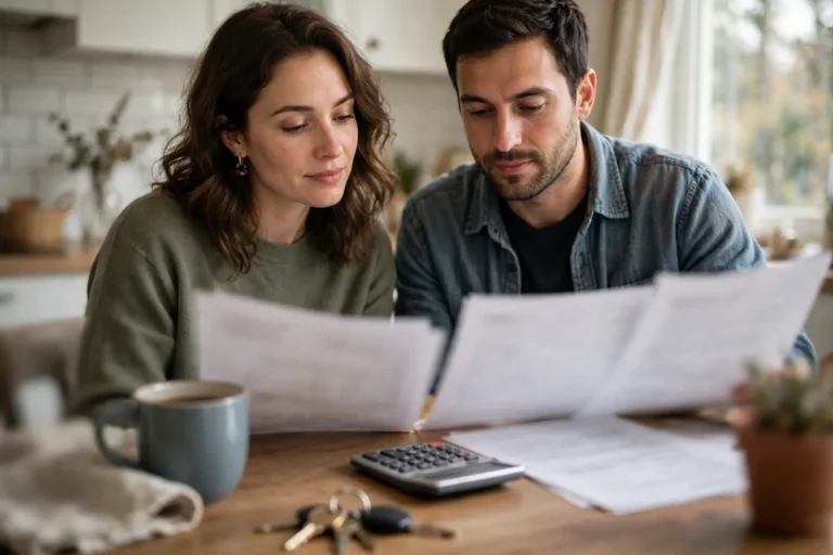 Couple reviewing their home loan paperwork at home while considering mortgage protection insurance