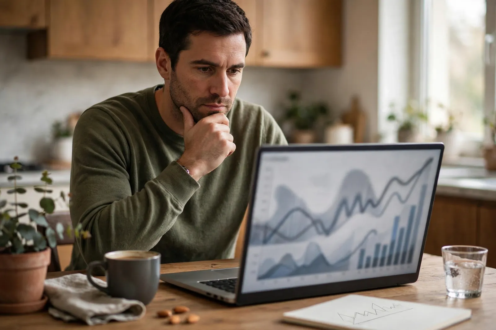 A homeowner studying mortgage rate charts on a laptop