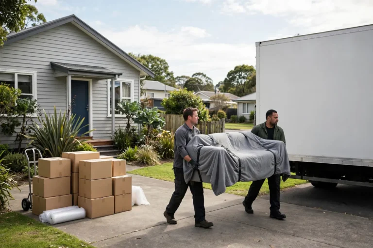Two movers carrying a blanket-wrapped sofa to a moving truck outside a New Zealand home