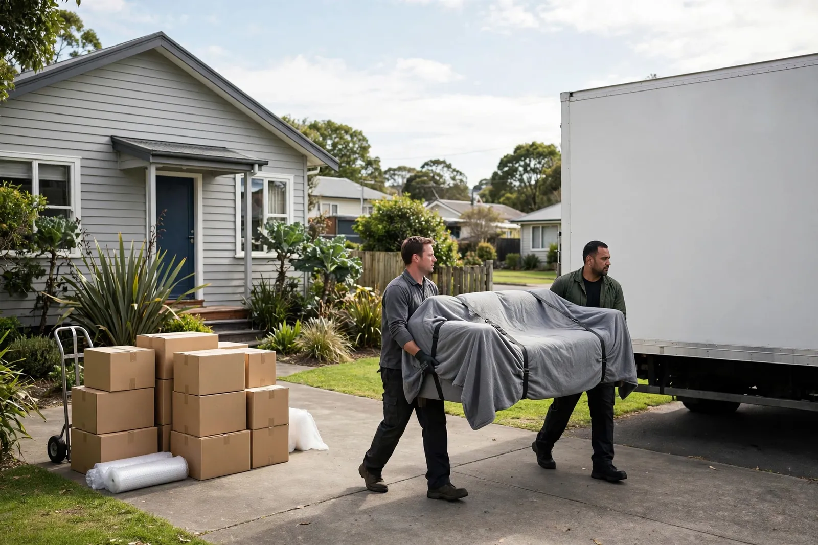 Two movers carrying a blanket-wrapped sofa to a moving truck outside a New Zealand home