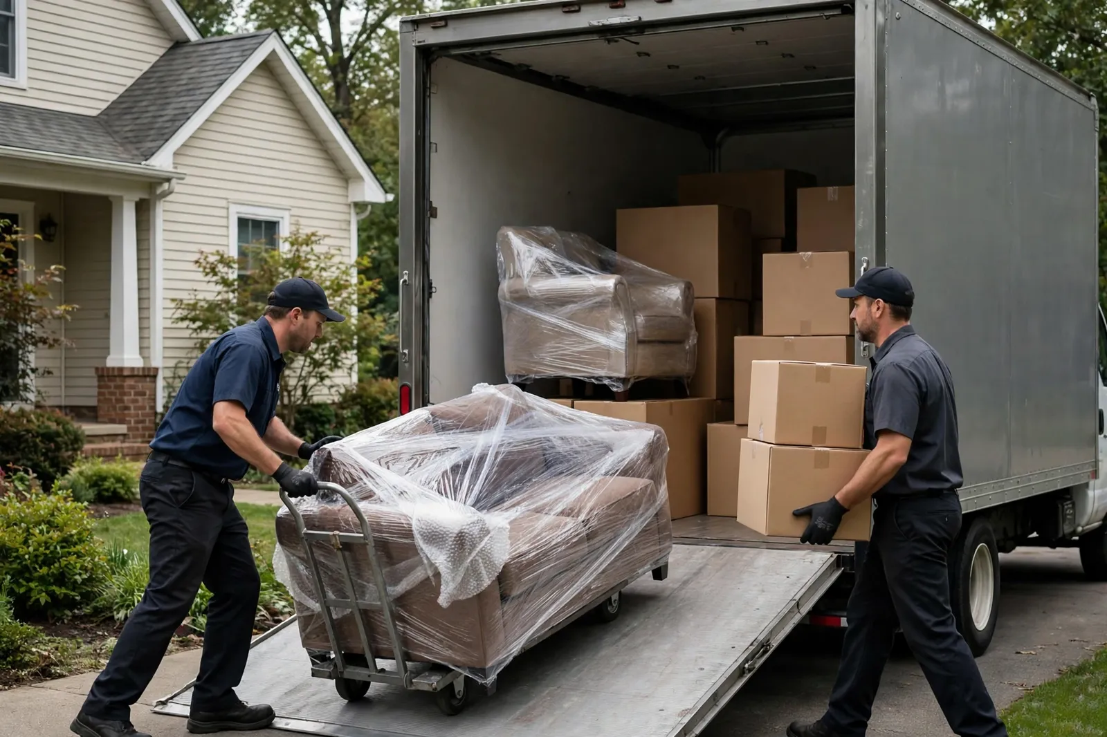 Movers loading furniture and boxes into a moving truck