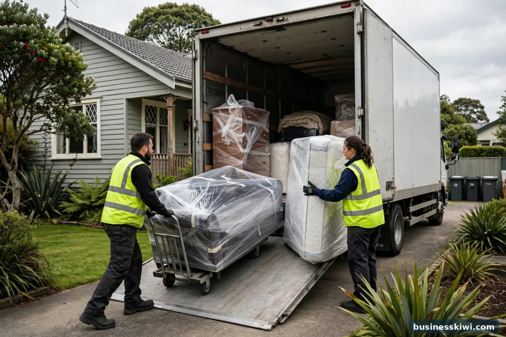 Movers loading wrapped furniture into a truck