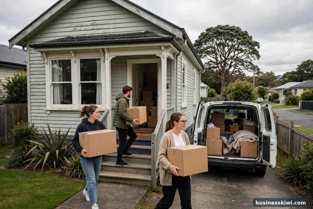 Tenants carrying boxes into an Auckland rental house on moving day