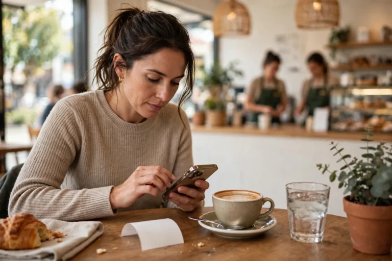 A mystery shopper making notes on her phone in a cafe