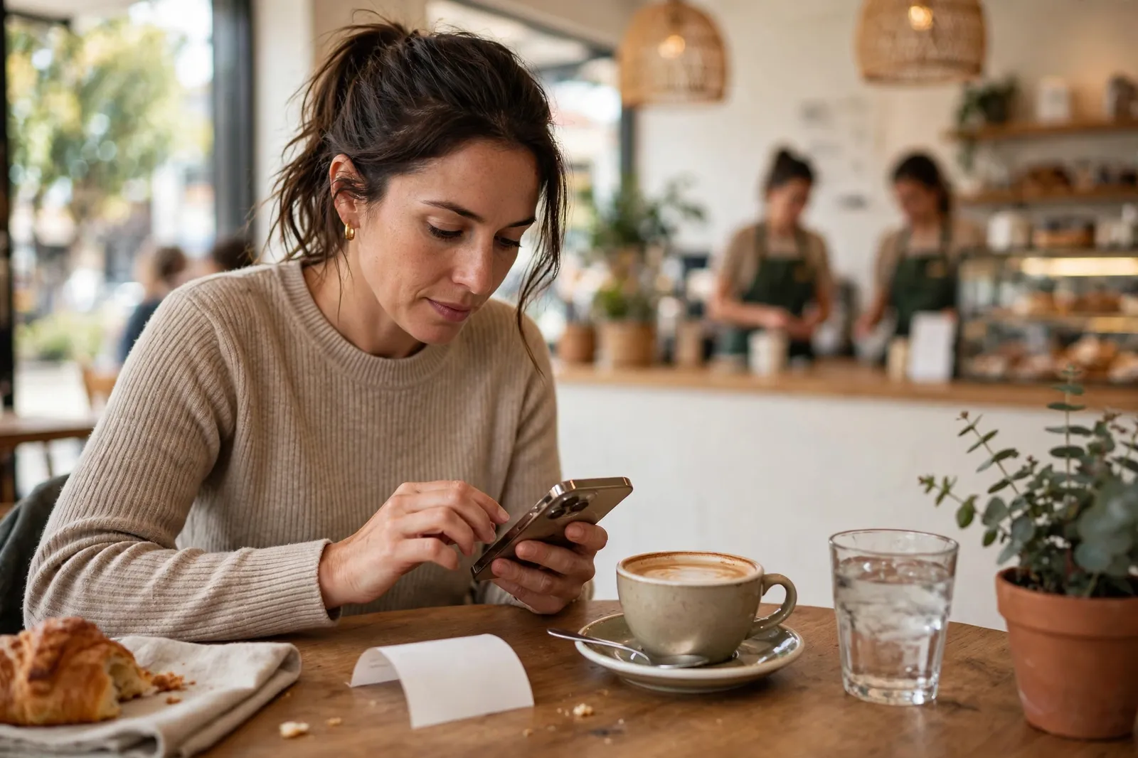 A mystery shopper making notes on her phone in a cafe