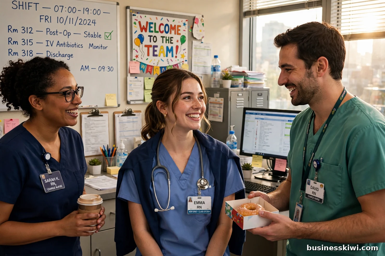 A newly graduated nurse being welcomed by colleagues at a hospital nurses station on her first shift as a registered nurse, businesskiwi.com