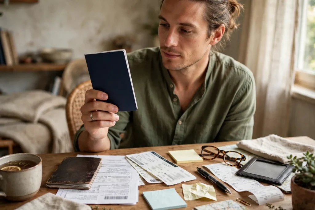 A traveller holding a new passport with travel documents spread on the desk